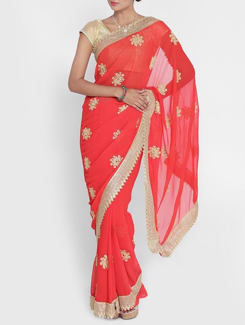red georgette embroidered saree with blouse - 15127620 - Very Small Image - 1