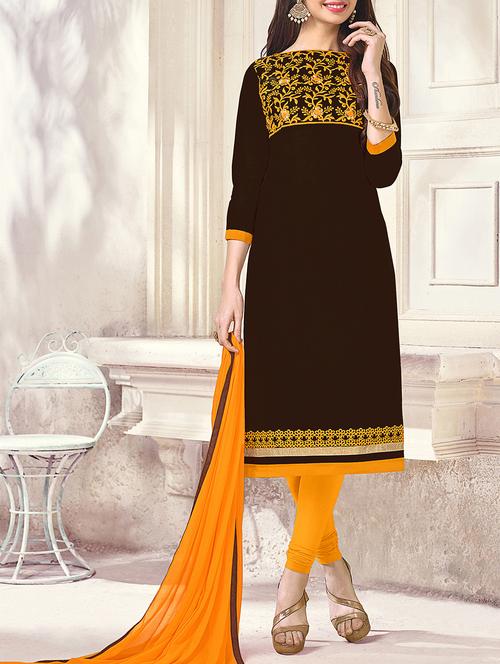 brown embroidered unstitched churidaar suit - 15128450 - Very Small Image - 1