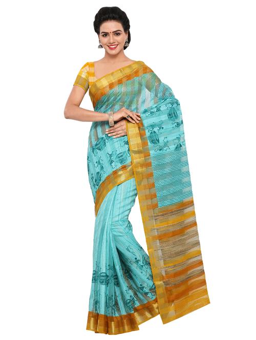 turquoise cotton saree with blouse - 15128539 - Very Small Image - 1