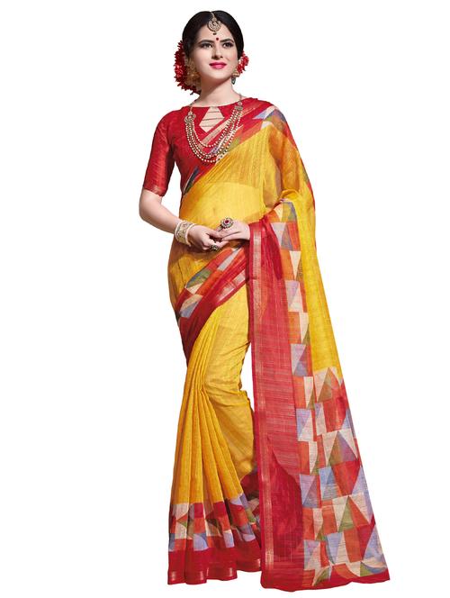 yellow cotton blend bordered saree with blouse - 15128587 - Very Small Image - 1