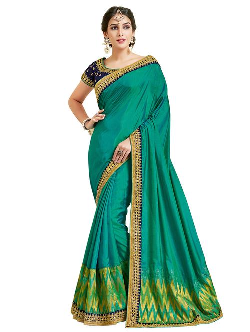 turquoise silk bordered saree with blouse - 15128831 - Very Small Image - 1