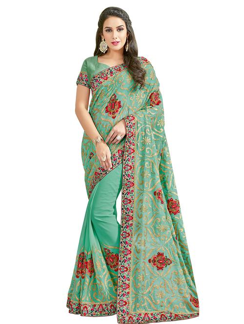 turquoise georgette embroidered saree with blouse - 15128835 - Very Small Image - 1