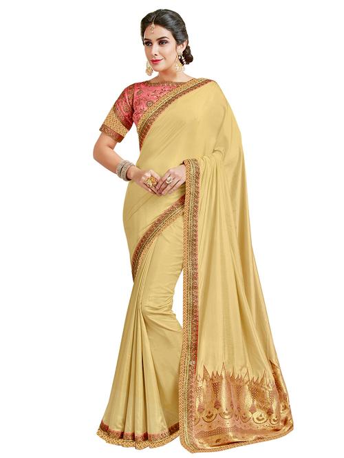 beige silk bordered saree with blouse - 15128836 - Very Small Image - 1