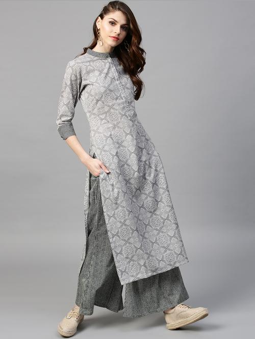 grey cotton printed kurta with palazzo - 15129058 - Very Small Image - 1