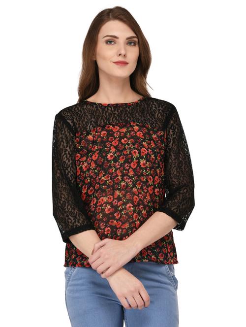 lace yoke and sleeve floral top - 15132647 - Very Small Image - 1