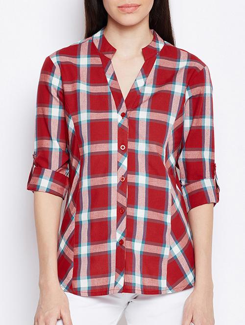 checkered mandarin collar shirt - 15134994 - Very Small Image - 1