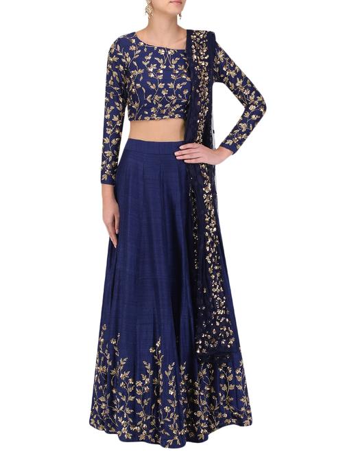 Blue embroidered flared lehenga - 15136945 - Very Small Image - 1