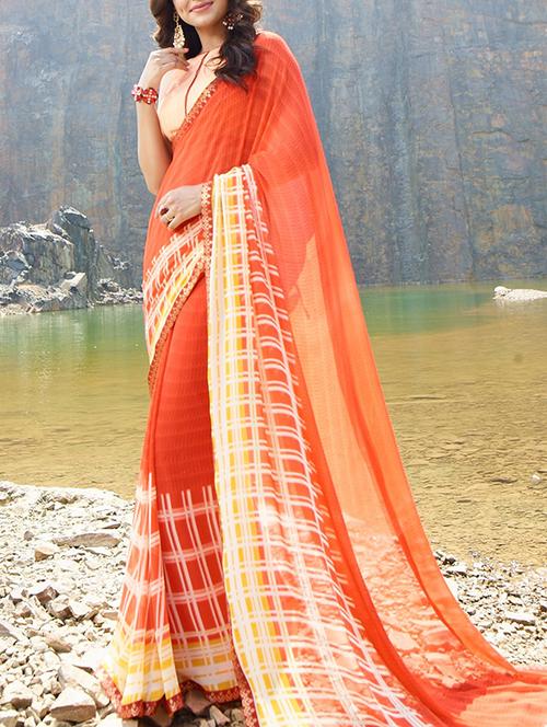 orange georgette printed saree - 15137528 - Very Small Image - 1