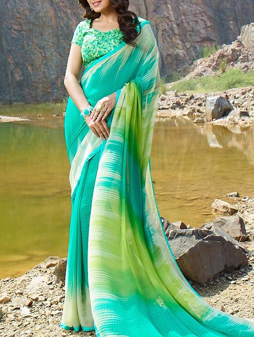 turquoise printed saree with blouse - 15137537 - Very Small Image - 1