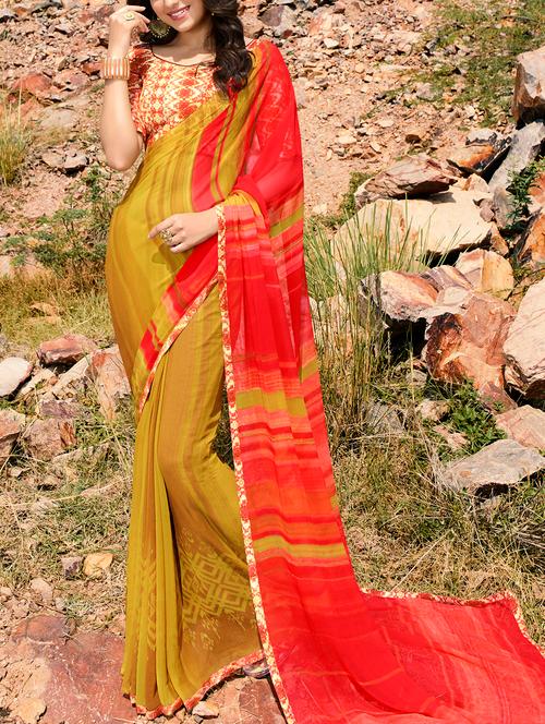 yellow georgette printed saree with blouse - 15137542 - Very Small Image - 1