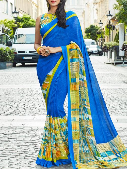 blue georgette printed saree with blouse - 15137543 - Very Small Image - 1
