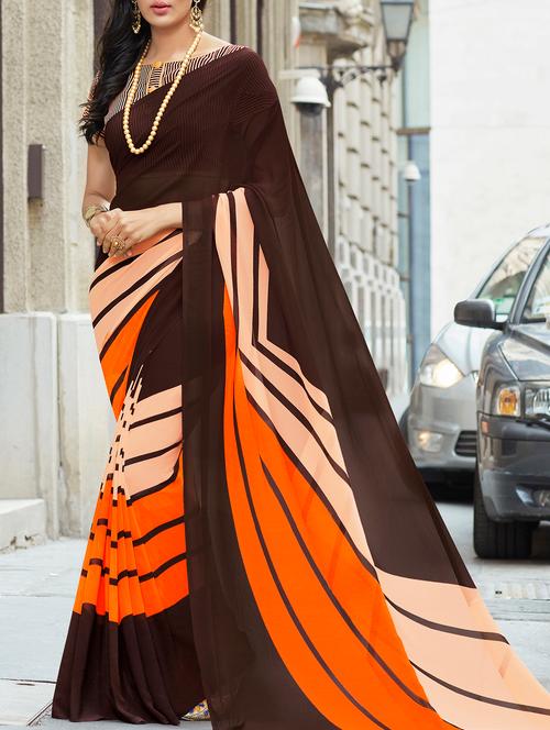 brown georgette printed saree with blouse - 15137544 - Very Small Image - 1