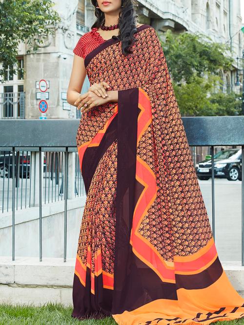 brown georgette printed saree with blouse - 15137550 - Very Small Image - 1