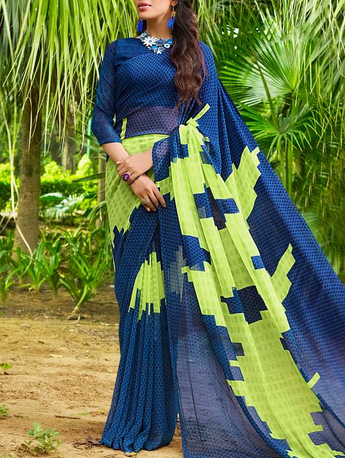 blue georgette printed saree with blouse - 15137563 - Very Small Image - 1