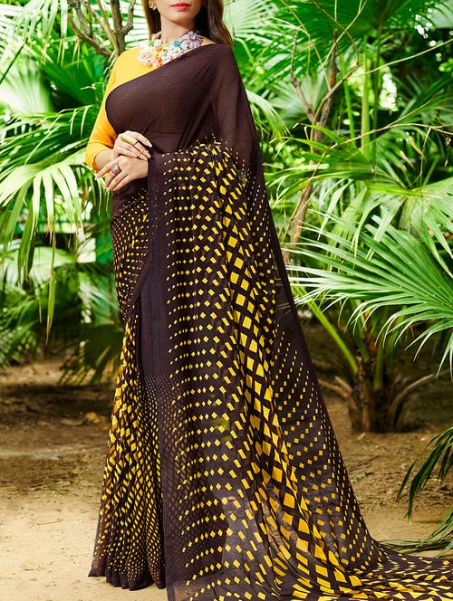 brown georgette printed saree with blouse - 15137568 - Very Small Image - 1