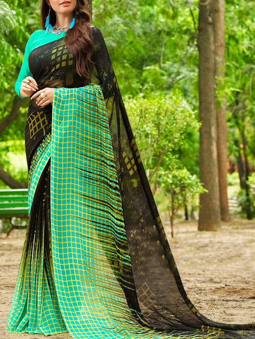 black georgette printed saree with blouse - 15137572 - Very Small Image - 1