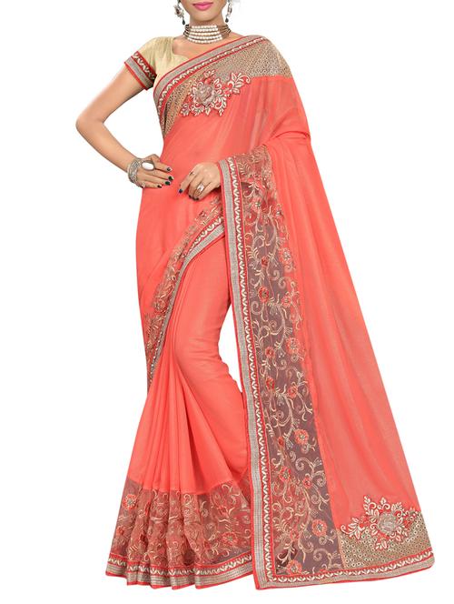 peach dupion bordered saree with blouse - 15139586 - Very Small Image - 1