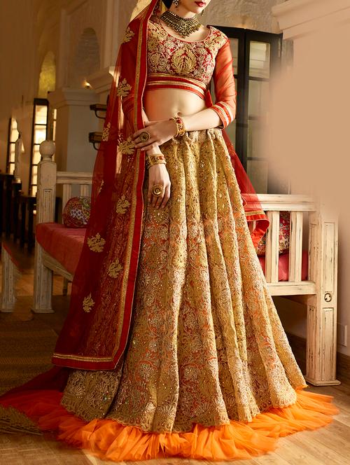 orange embroidered flared lehenga - 15140750 - Very Small Image - 1