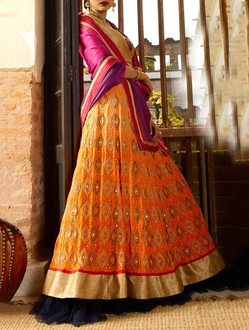 orange embroidered flared lehenga - 15140752 - Very Small Image - 1