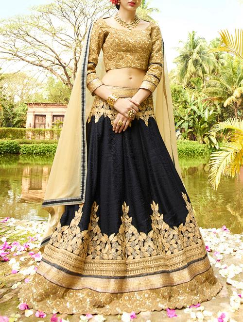 black embroidered flared lehenga - 15140754 - Very Small Image - 1