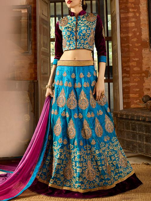 blue embroidered flared lehenga - 15140755 - Very Small Image - 1