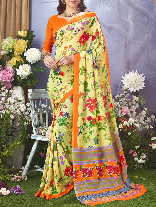 yellow georgette printed saree with blouse - 15140964 - Very Small Image - 1