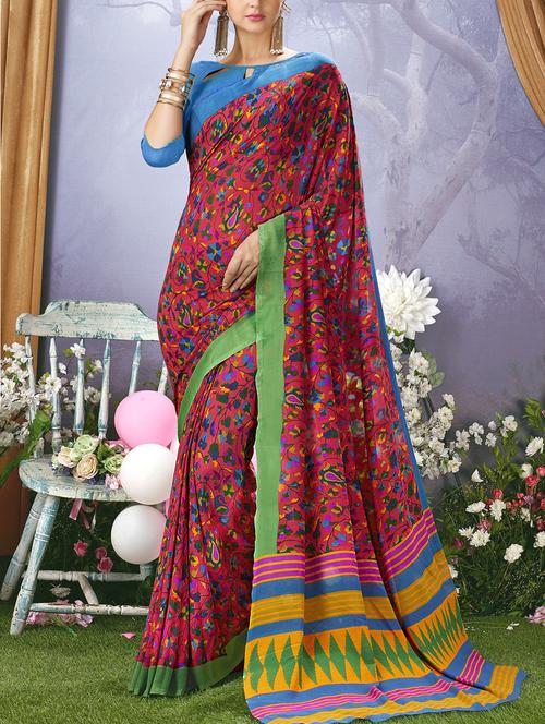 red georgette printed saree with blouse - 15140969 - Very Small Image - 1