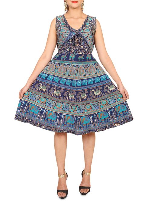 blue printed cotton belted dress - 15142115 - Very Small Image - 1