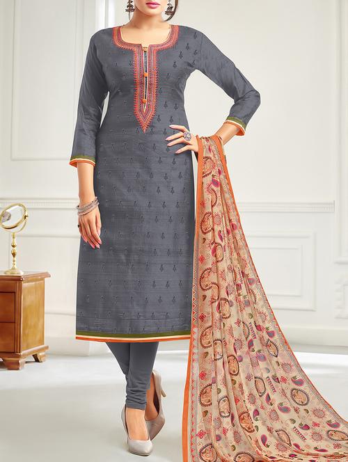 grey embroidered unstitched churidaar suit - 15142417 - Very Small Image - 1