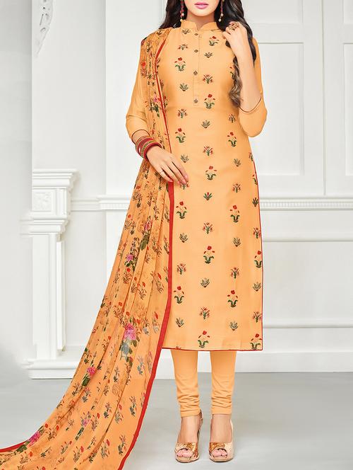 orange embroidered unstitched churidaar suit - 15142422 - Very Small Image - 1