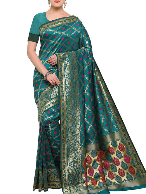 turquoise silk blend banarasi saree with blouse - 15142449 - Very Small Image - 1