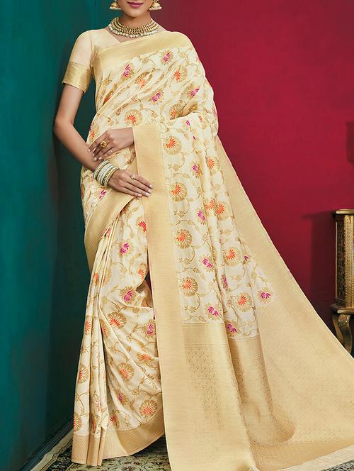 cream silk blend banarasi saree with blouse - 15142454 - Very Small Image - 1
