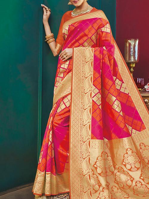 pink silk blend banarasi saree with blouse - 15142455 - Very Small Image - 1