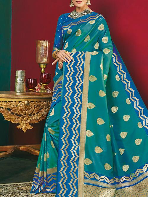 turquoise silk blend banarasi saree with blouse - 15142457 - Very Small Image - 1