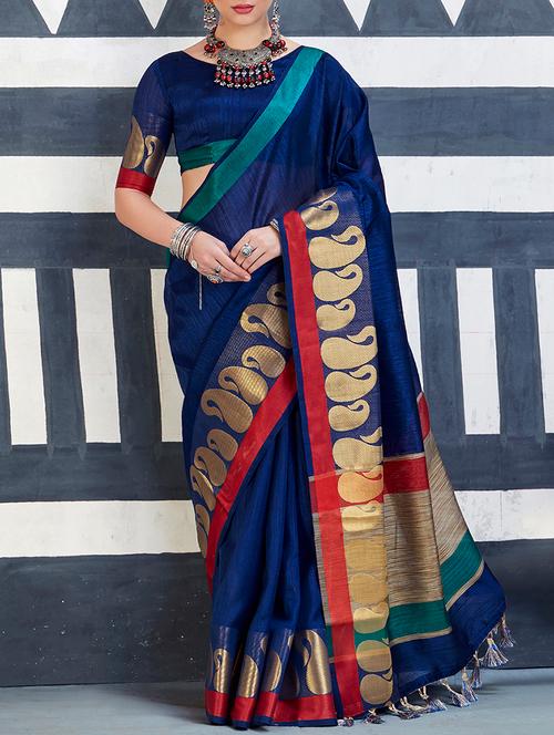 blue silk blend bordered saree with blouse - 15142516 - Very Small Image - 1