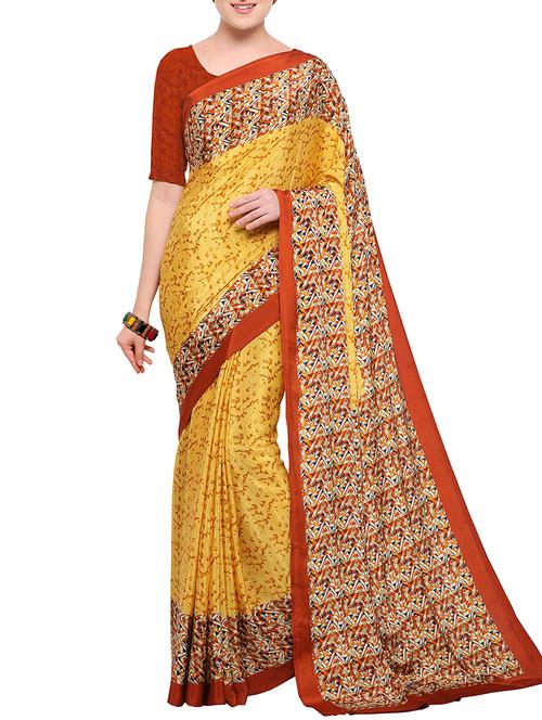 yellow crepe printed saree with blouse - 15142519 - Very Small Image - 1