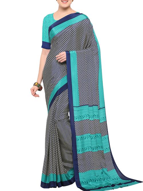 blue crepe printed saree with blouse - 15142523 - Very Small Image - 1