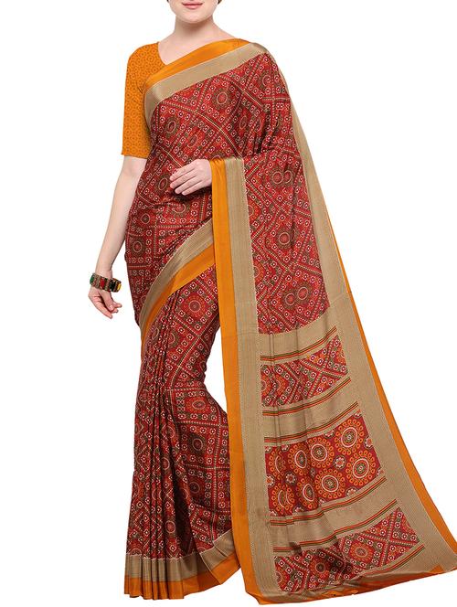 red crepe printed saree with blouse - 15142527 - Very Small Image - 1