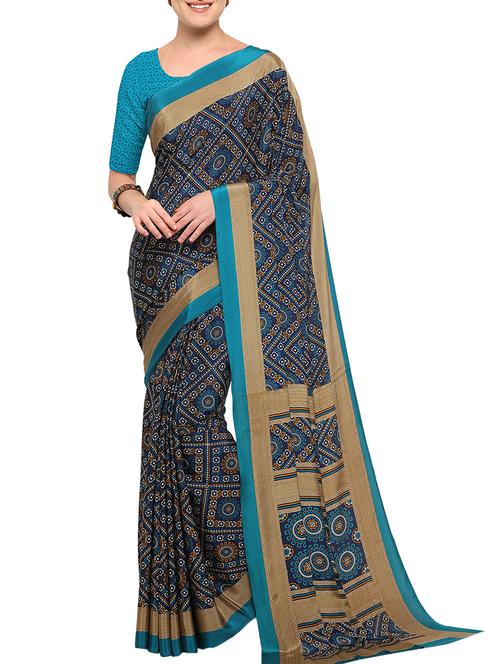 blue crepe printed saree with blouse - 15142528 - Very Small Image - 1