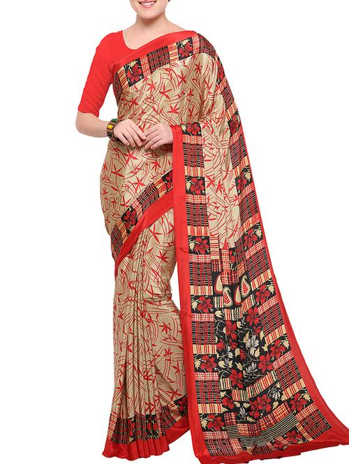 beige crepe printed saree with blouse - 15142542 - Very Small Image - 1