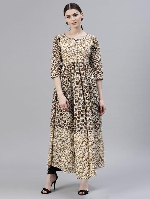 beige cotton flared kurta - 15143360 - Very Small Image - 1