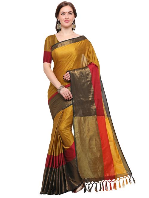 mustard cotton silk bordered saree with blouse - 15144321 - Very Small Image - 1