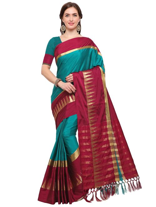 turquoise cotton silk bordered saree with blouse - 15144325 - Very Small Image - 1