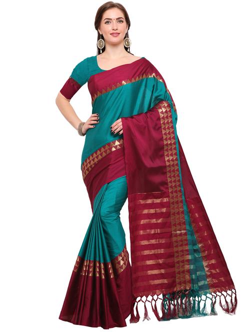 turquoise cotton silk bordered saree with blouse - 15144326 - Very Small Image - 1