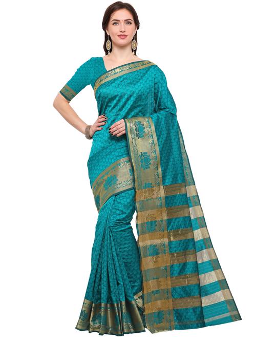 turquoise silk blend woven saree with blouse - 15144347 - Very Small Image - 1