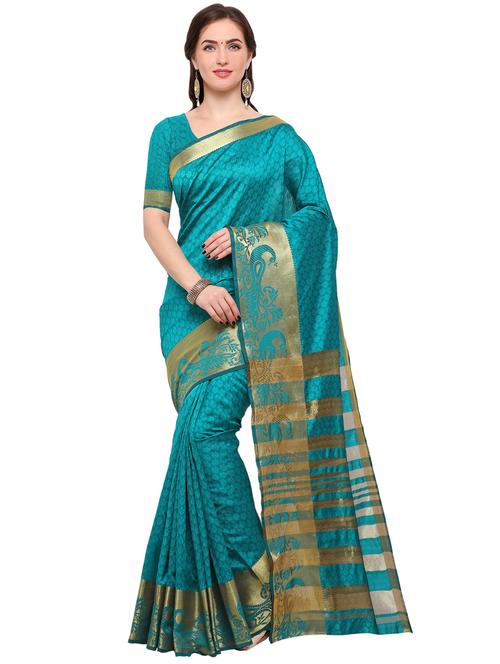 turquoise silk blend woven saree with blouse - 15144349 - Very Small Image - 1
