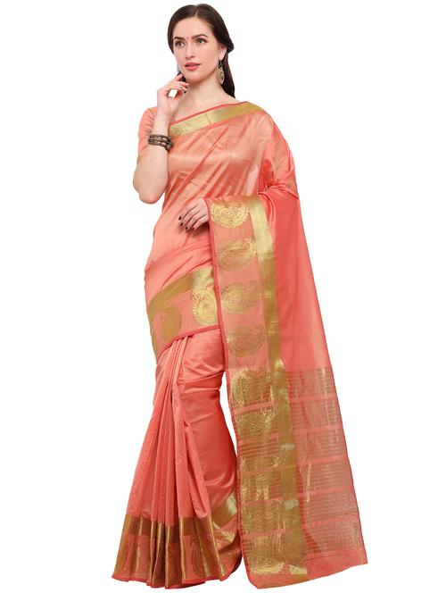 peach silk blend bordered saree with blouse - 15144360 - Very Small Image - 1