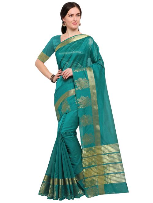 turquoise silk blend bordered saree with blouse - 15144376 - Very Small Image - 1