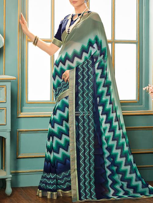 blue georgette printed saree with blouse - 15144514 - Very Small Image - 1