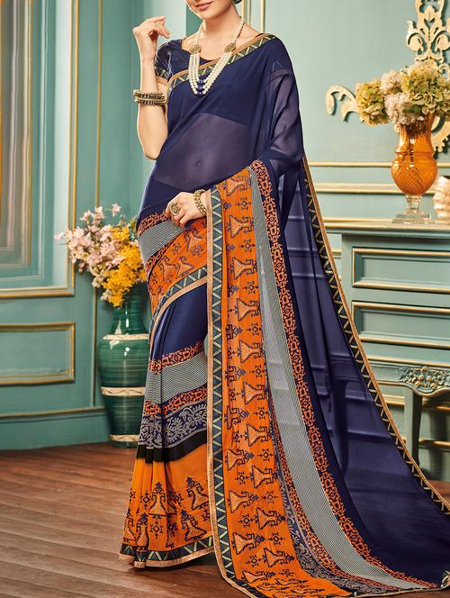 blue georgette printed saree with blouse - 15144517 - Very Small Image - 1